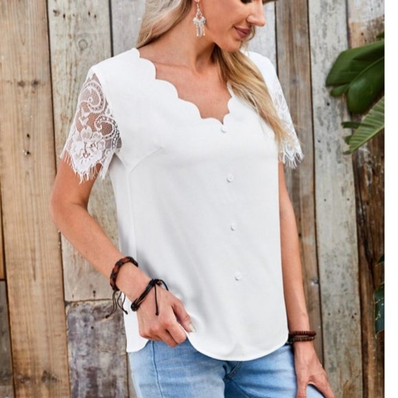 Women - Blouses Contrast Lace Solid Elegant - Picture 2 of 6